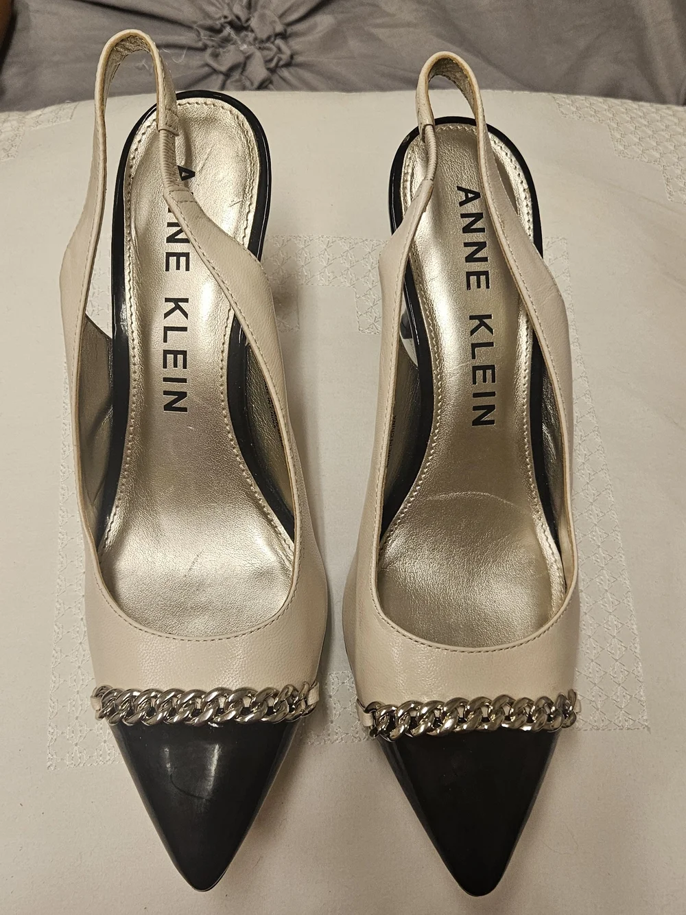 Anne Klein Cream and Black Pointed Toe Chain-Trim Slingbacks